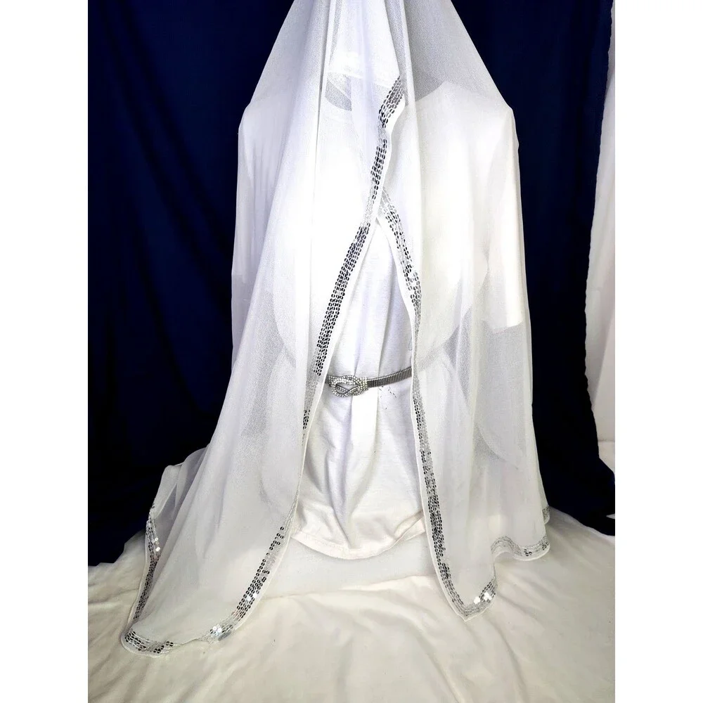 Women's Beaded Evening Trim Chiffon Lightweight Scarf Wrap White Sheer  75